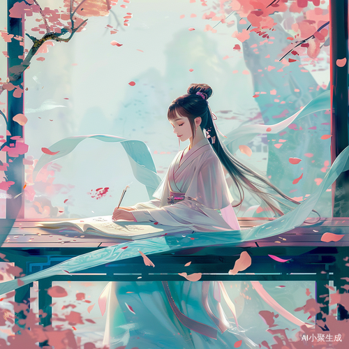 e animation of a girl writing calligraphy in traditional Chinese setting