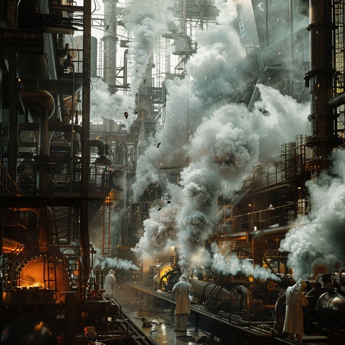 factory interior, machines, sparks, smoke, people wearing masks working, eerie atmosphere, realistic photography, highly detailed, exaggerated, oppressive, dark, religious, smoke shaped like a beast, best quality, masterpiece.工厂内部，有机器，有火星，有烟雾，人们带着口罩工作，恐怖氛围，写实摄影，细节精细，夸张，压抑，黑暗，宗教，烟雾形似野兽，最佳质量，杰作。