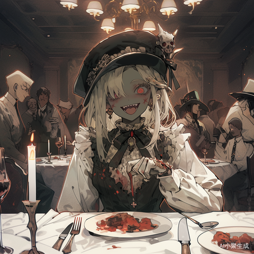 病态微笑的绿发双马尾少女在黑暗宴会厅中
