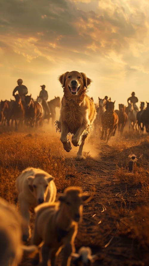 一只金毛犬与它的主人一起在草原上奔跑，沿途上都是马群、羊群、牛群和骑马的人。