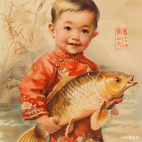 中国传统年画里的可爱宝宝与大鲤鱼