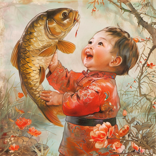中国传统年画里的可爱宝宝与大鲤鱼