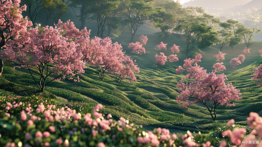 粉色樱花与绿色茶树的美丽春天全景