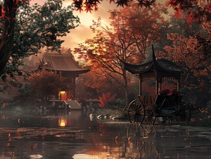 Stop the carriage and enjoy the evening in the maple forest) could be: Maple forest at dusk, stopping to admire, ancient charm in the air, heart lingering in the maple forest. These keywords aim to depict a scene in traditional Chinese style where one stops to appreciate the evening beauty of the maple forest, capturing the serene atmosphere of dusk, the timeless charm of ancient aesthetics, and the emotional connection to the tranquil maple forest.