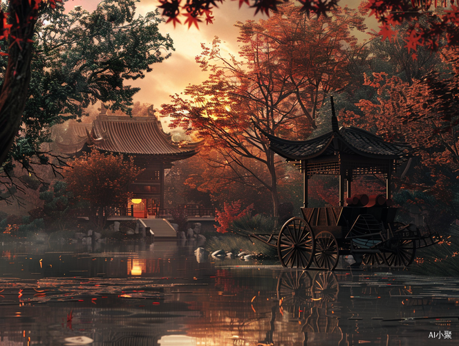 Serene Dusk: Ancient Charm in the Maple Forest