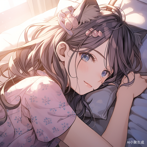 女子躺床上，特写双马尾和猫耳