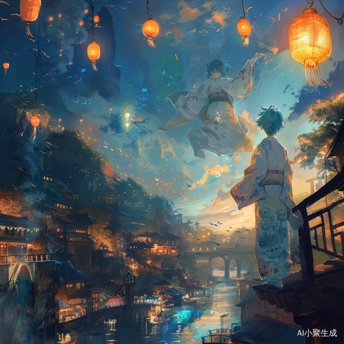 幽蓝色发少年幽灵在空中看人们放灵灯