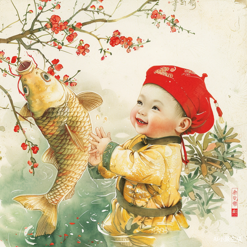 中国传统年画：一个可爱的宝宝抱着大大的鲤鱼