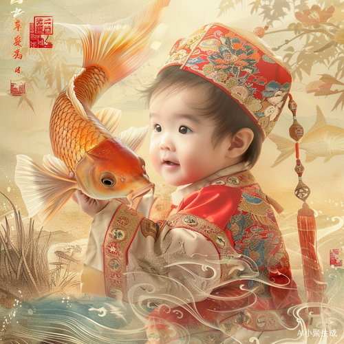 中国传统年画：一个可爱的宝宝抱着大大的鲤鱼