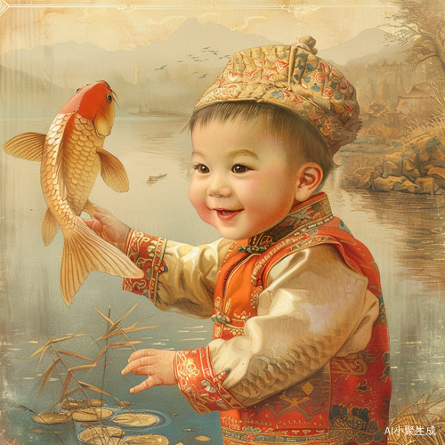 中国传统年画：一个可爱的宝宝抱着大大的鲤鱼