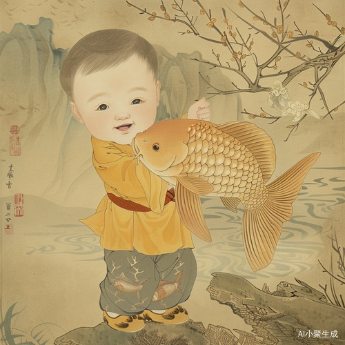 中国传统年画：一个可爱的宝宝抱着大大的鲤鱼
