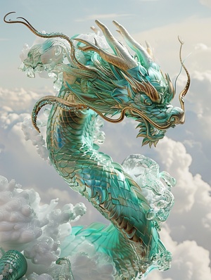 Dragon on clouds, translucent glass, zorush,turquoise and gold style, turquoise and white, elaborate, 3d, c4d rendering, 8k, super high detail