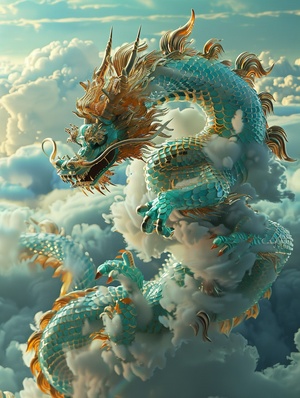 Dragon on clouds, translucent glass, zorush,turquoise and gold style, turquoise and white, elaborate, 3d, c4d rendering, 8k, super high detail