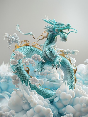 Dragon on clouds, translucent glass, zorush,turquoise and gold style, turquoise and white, elaborate, 3d, c4d rendering, 8k, super high detail