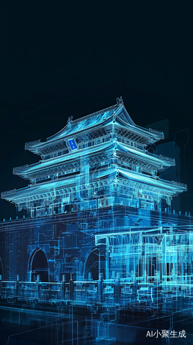 Glowing Blue Wire-frame Hologram of China's Forbidden City