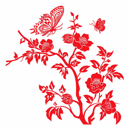复杂的中国剪纸石榴花和蝴蝶