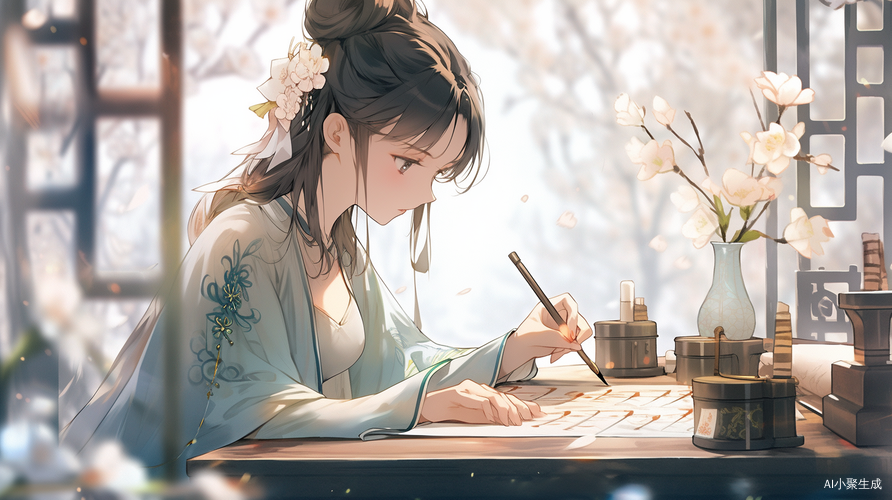 可爱女孩穿汉服书法插图-温暖的中国朋克风格