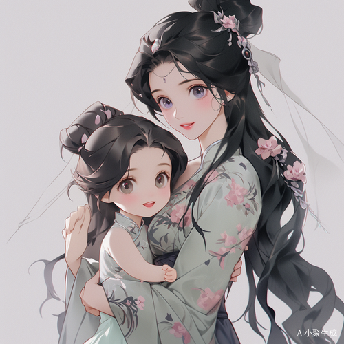 中国现代母女皮肤细腻白皙优雅穿着大眼睛