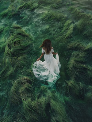 Green sea of grass, girl in white wedding dress, curly hair, elegant figure, elegant yarn, hazy beauty of windblown grass, sea level, waterfall, top view, panorama, Canon, ios 100, f2.8, focal length 400, 8k