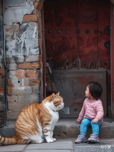 中国画风格的小女孩与斑纹猫