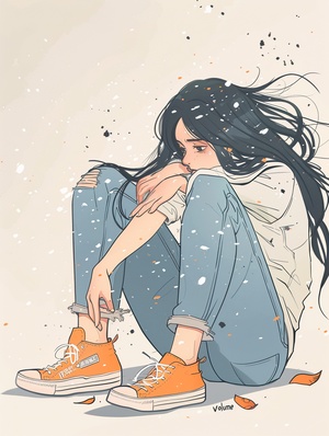 A cute girl with long hair sitting on the ground, wearing blue jeans and orange shoes, with tears streaming down her face. The background is white with the style of "volume", in a cartoon style with simple lines and soft colors. A typography design poster that says "in".