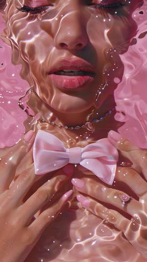 Hands, sexy lips, bow tie, manicure, water necklace, pink, simple background, Peter Holm III style,