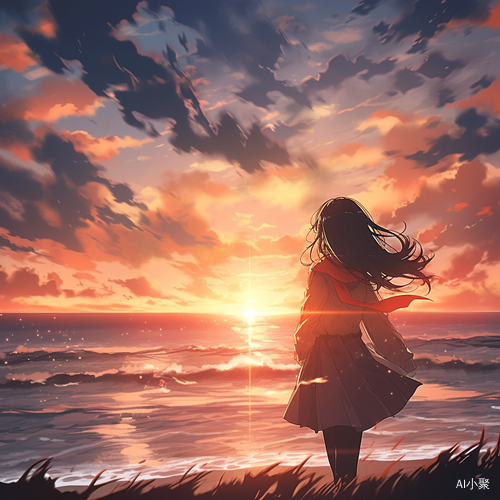 穿JK的少女眺望海边夕阳