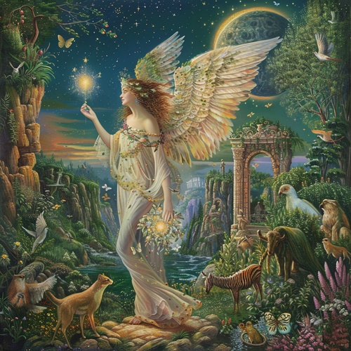 Prompt : A beautiful angel with wings , holding an orb in her hand stands on the earth surrounded by various animals and plants . She is under starry sky at night . The background features ancient ruins , magical forests , fairies , dragons , gnomes , dwarves , elves , mythological creatures such as phoenixes , unicorns , Legends style , oil painting . This scene conveys enchanting beauty , mysterious atmosphere , and surrealism . It also adds elements from fairy tales , fantasy , magic realism , dreamy col