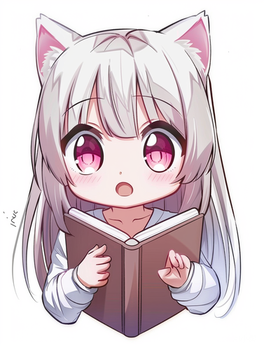 Kawaii Chibi Catgirl with Pink Eyes and White Hair