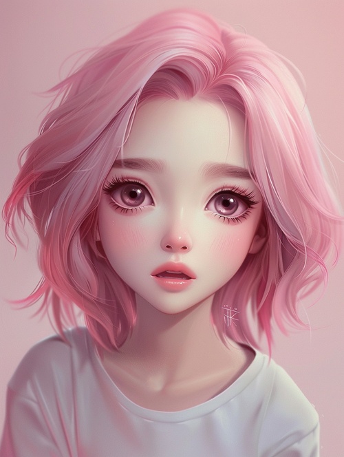 chibi, random pink hair color and white skin cute girl in the style of anime, big eyes, single eyelids with long lashes, blush on face, white shirt, nose is black cartoon character, pink background, pink mouth