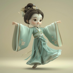 咒语：3D rendering , C4d , cartoon Q version , a little girl dressed in traditional Chinese dress dancing in mid-air , the style is lovely , blue and green color matching , light brown background . simple pen art style , she has beautiful hair . delicate features , flowing skirt , super exquisite , full body ar 3 : 4