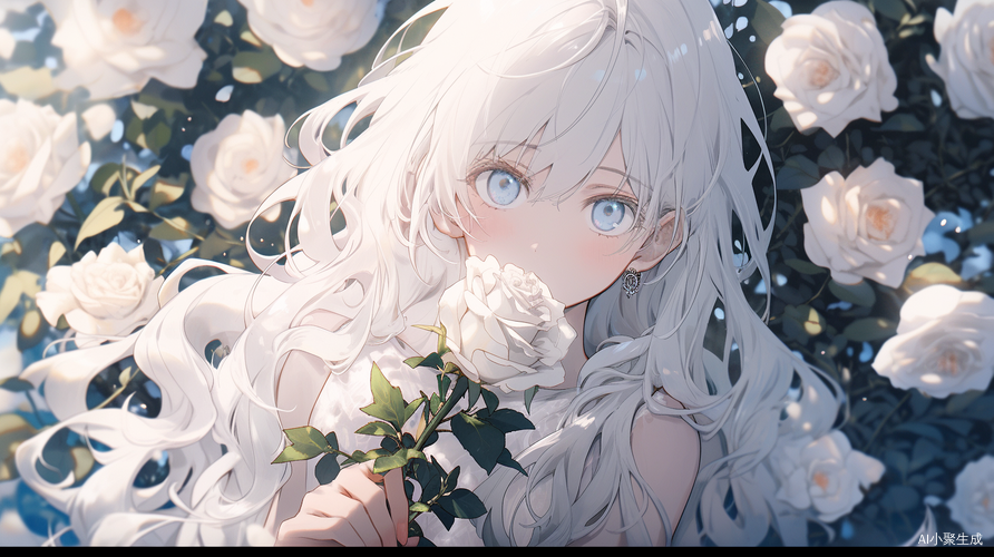 White-haired beauty surrounded by sea of white roses