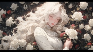 A beautiful girl with long white hair holding a white rose, standing in a sea of white roses 16: 9, ultra-high resolution