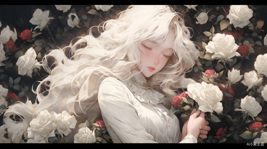 White-haired beauty surrounded by sea of white roses