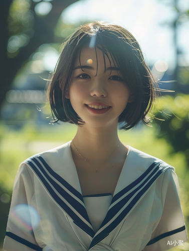 Hyperrealistic Portrait of a Smiling Girl in Sailor Uniform at Kamakura Beach