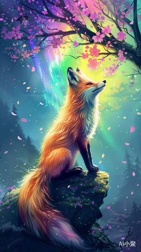 Colorful Fox in Aurora Sky with Magical Floral Tree