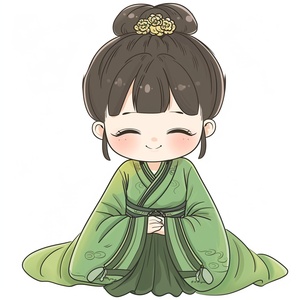 Little girl, green Hanfu, classical and exquisite, full body picture, cute, 12 postures and expressions, Emoticons [dizziness, joy, anger, crying, sadness, cuteness, anticipation, laughter, disappointment and shyness, drowsiness, eating, dizziness, expressing love, etc.], line art, sticker art, white background,8k s 250 ar 3:4 niji 5