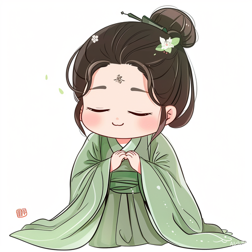 Little Girl in Classical Green Hanfu: Cute Expressions and Sticker Art