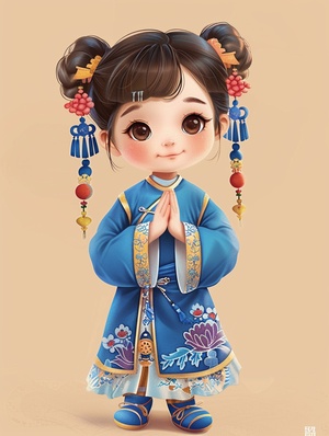 小女孩穿着青色汉服，动画人物设计，中国画，国风，端庄典雅，古典风格，表情包，12颜文字，快乐，微笑，悲伤，严肃，沮丧，震惊，疑惑，生气，鼓掌，表情符号表，各种姿势和表情，不同的情绪，各种poss和表情，8k - s 250 - ar 3:4 - niji 5