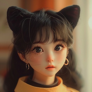 小猫美女，黑猫耳朵，上半边脸露出来偷偷看，可爱，软软的，大眼睛