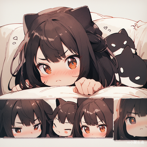 可爱软软的小猫美女，一半脸躲在枕头后