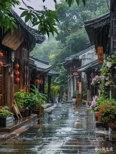 江南建筑中的雨后高清景色