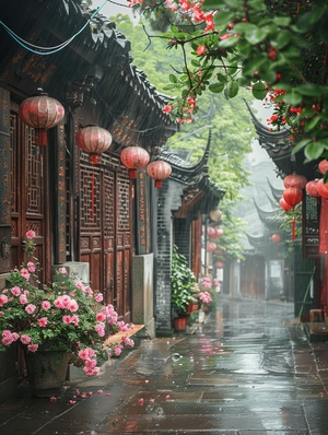 江南建筑，木头建筑房屋，路边有树和花，雨后，高清