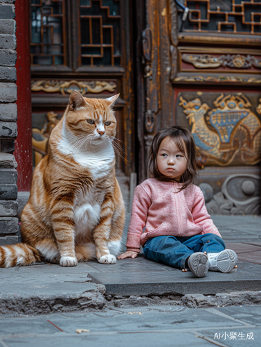 古建筑入口下，猫与小女孩的中国画风互动