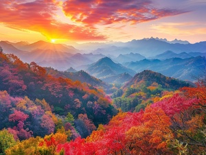 In the glow of the evening sun, the maple leaves flow like crimson, the layers of forest are dyed, creating a picturesque scene across the mountains, resembling vibrant colored clouds. It is even more fiery red and more beautiful than the spring flowers of Jiangnan in Februar