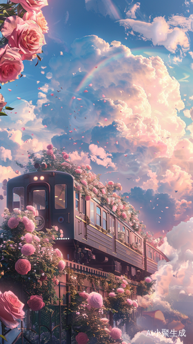 Aesthetic Illustrations of a Train Surrounded by Roses