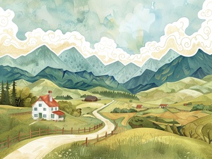 Scene: The background of the image is a range of continuous mountains with a few wisps of white clouds swirling around the midsection of the mountains, partially revealing some farmhouses.Colors: Use soft tones such as light blue, white, and light yellow to represent the lightness of the clouds and the warmth of home.Details: Around the farmhouses, there can be simple fences and fields, showing a peaceful rural life.