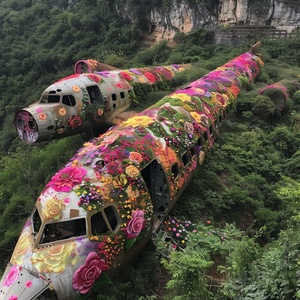 在中国的山区，有两架废弃的飞机，飞机顶部覆盖着五颜六色的玫瑰和鲜花。飞机机身上布满了鲜艳的红色，彩虹、粉色、黄色和紫白色玫瑰。在他们下面的山崖上玫瑰花盛开，你可以看到许多其他盛开的野生玫瑰灌木丛。这一场景在深绿色叶子和花瓣之间形成了惊人的对比