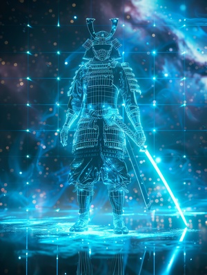 3D hologram wireframe of a samurai in armor, with a glowing blue light effect and sword in front of a galaxy background, created in the style of Unreal Engine.