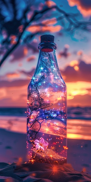 A beautiful glass bottle, which contains the world of stars, trees, flowers and flowers, the Milky Way,placed on the table, the background is the beach under the sunset, fantasy, aesthetic, literary, epic picture, true photographic texture, HD 8k